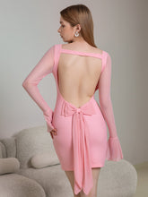 Flounce Sleeve Embellished Bow Tie Backless Mesh Dress